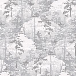 Широкие обои с рисунком хвойного леса серо-белых оттенках "Deep Forest" арт.Am 2 001 из коллекции Ambient vol.2, Milassa, обои для кухни